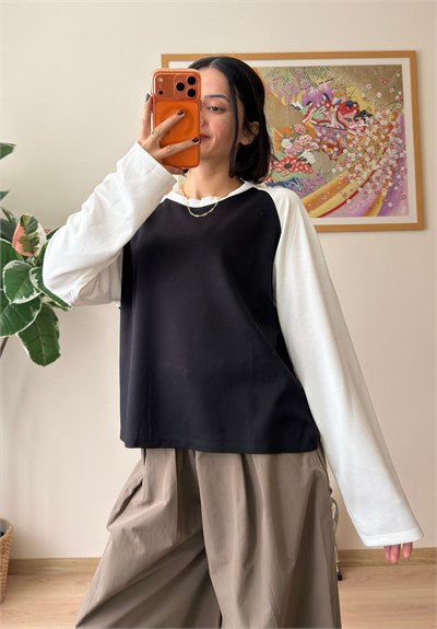 Kontrast Reglan Kol Bisiklet Yaka Sweatshirt Beyaz