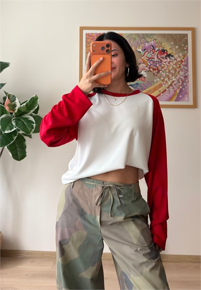 Kontrast Reglan Kol Bisiklet Yaka Sweatshirt Kırmızı