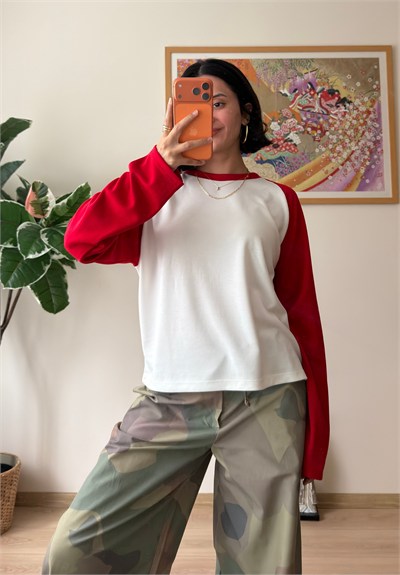 Kontrast Reglan Kol Bisiklet Yaka Sweatshirt Kırmızı