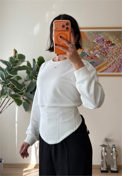 Korse Detaylı Bağcıklı Sweatshirt Beyaz