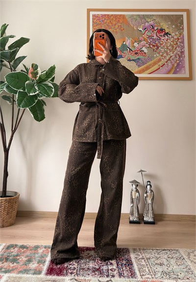 Leopar Desenli Geniş Paça Pantolon