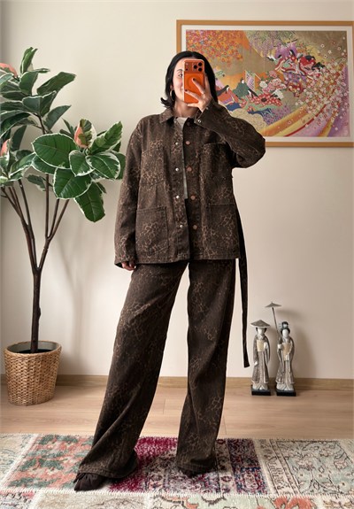 Leopar Desenli Geniş Paça Pantolon