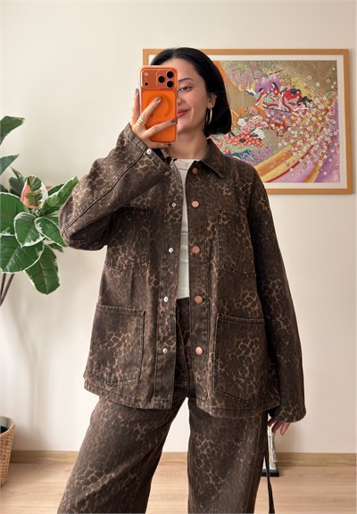 Leopar Desenli Kuşaklı Gabardin Ceket
