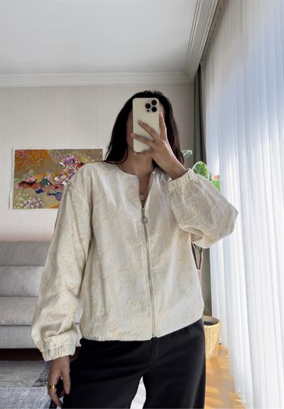 Maika Nakışlı Keten Bomber Ceket