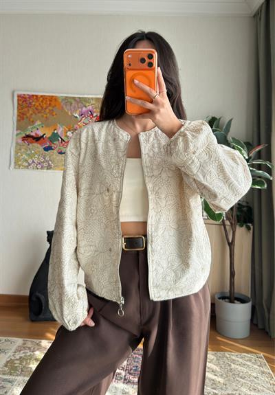 Maika Nakışlı Keten Bomber Ceket Bej