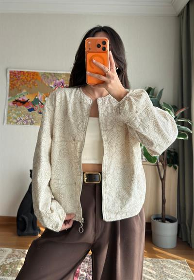Maika Nakışlı Keten Bomber Ceket Bej