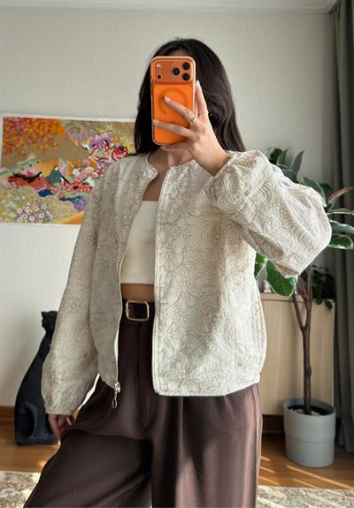 Maika Nakışlı Keten Bomber Ceket Bej