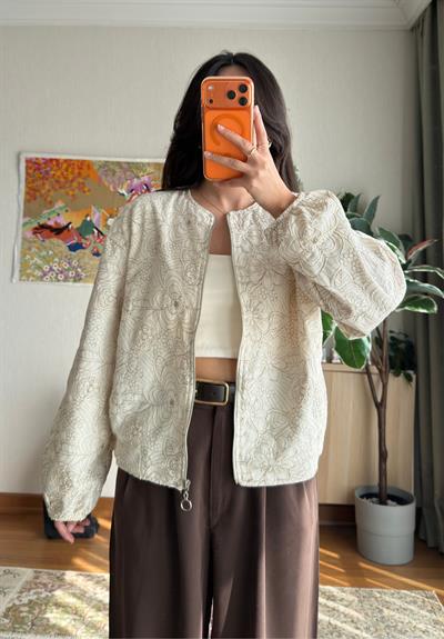 Maika Nakışlı Keten Bomber Ceket Bej