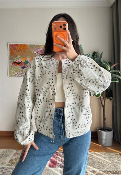 Maika Nakışlı Keten Bomber Ceket Lacivert