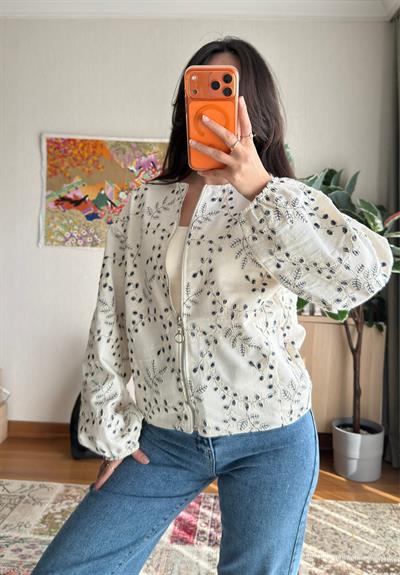 Maika Nakışlı Keten Bomber Ceket Lacivert