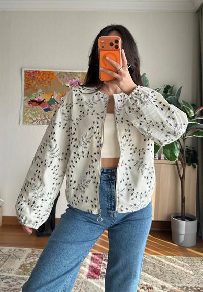 Maika Nakışlı Keten Bomber Ceket Lacivert