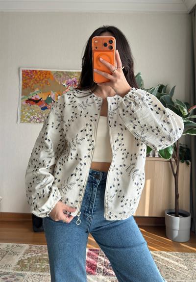 Maika Nakışlı Keten Bomber Ceket Lacivert