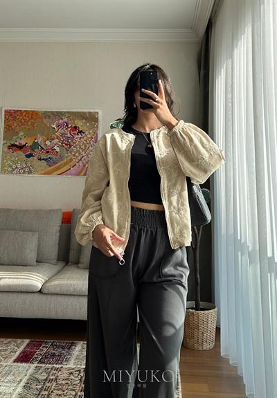 Maika Nakışlı Keten Bomber Ceket Vizon