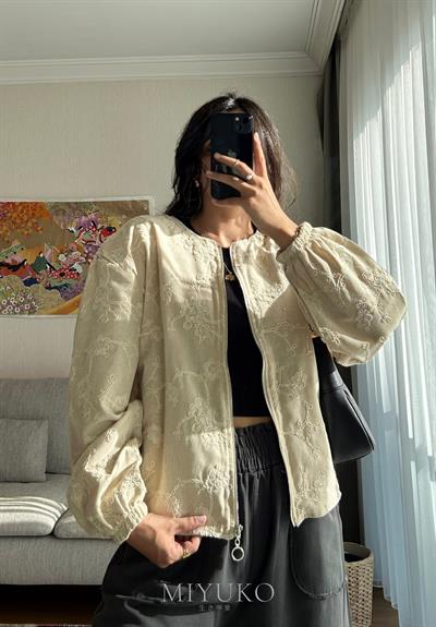 Maika Nakışlı Keten Bomber Ceket Vizon
