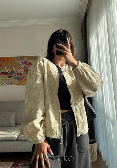 Maika Nakışlı Keten Bomber Ceket Vizon