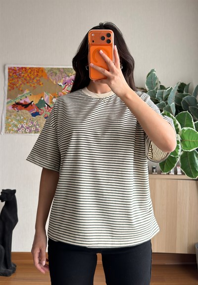 Massi Çizgili Oversize T-Shirt Bej