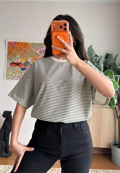 Massi Çizgili Oversize T-Shirt Bej