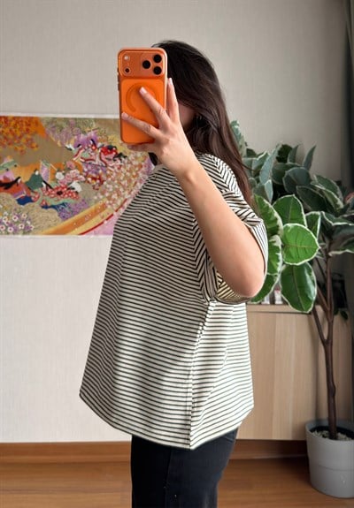 Massi Çizgili Oversize T-Shirt Bej