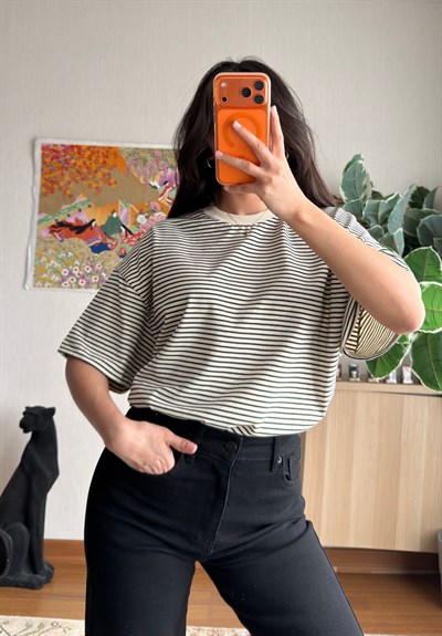 Massi Çizgili Oversize T-Shirt Bej