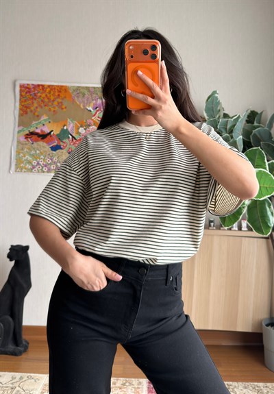 Massi Çizgili Oversize T-Shirt Bej