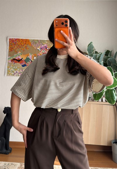 Massi Çizgili Oversize T-Shirt Kahve