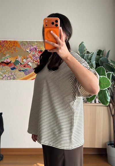 Massi Çizgili Oversize T-Shirt Kahve