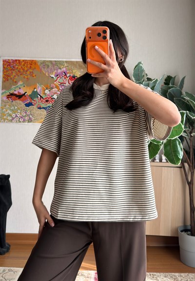 Massi Çizgili Oversize T-Shirt Kahve
