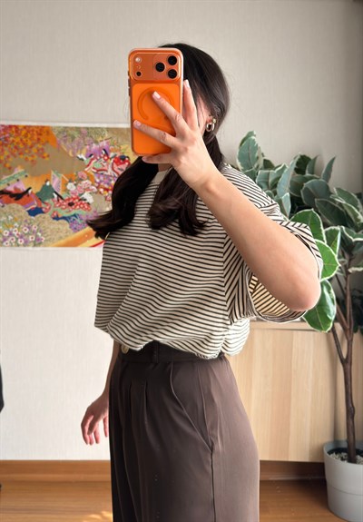 Massi Çizgili Oversize T-Shirt Kahve