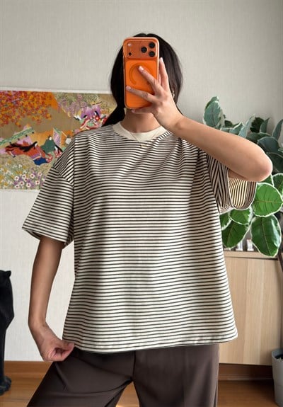 Massi Çizgili Oversize T-Shirt Kahve
