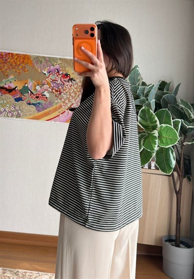 Massi Çizgili Oversize T-Shirt Siyah
