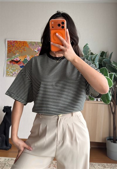 Massi Çizgili Oversize T-Shirt Siyah