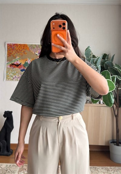 Massi Çizgili Oversize T-Shirt Siyah