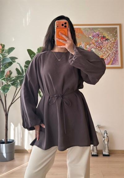 Miki Beli Büzgülü Tunik Kahve