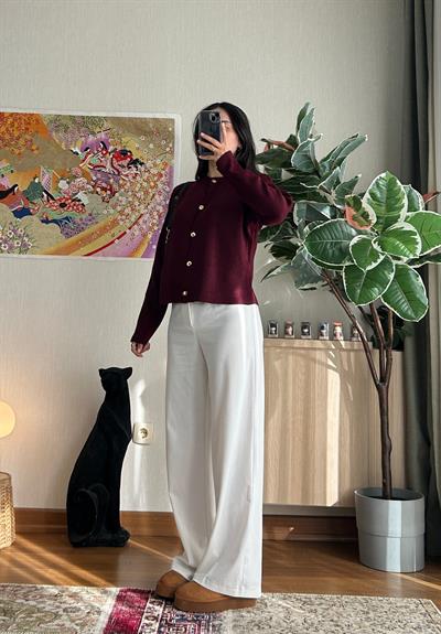 Miona Gold Düğmeli Hırka Bordo