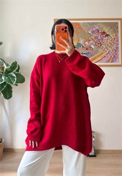 Mirua Basic Oversize Triko Kazak Kırmızı