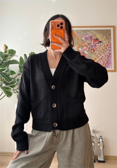 Miyuko Basic Çift Cepli Hırka Siyah