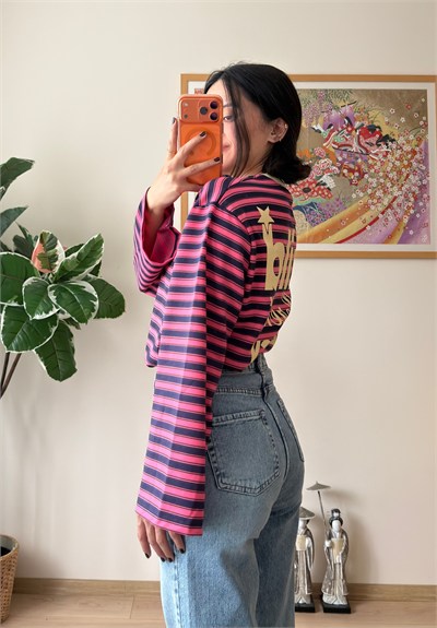 Mood Baskılı İnce Çizgili Geniş Kol Oversize Sweatshirt Pembe
