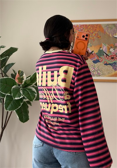 Mood Baskılı İnce Çizgili Geniş Kol Oversize Sweatshirt Pembe