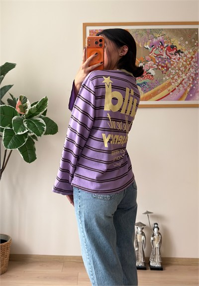 Mood Baskılı İnce Çizgili Geniş Kol Oversize Sweatshirt Lila