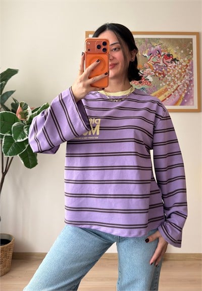 Mood Baskılı İnce Çizgili Geniş Kol Oversize Sweatshirt Lila