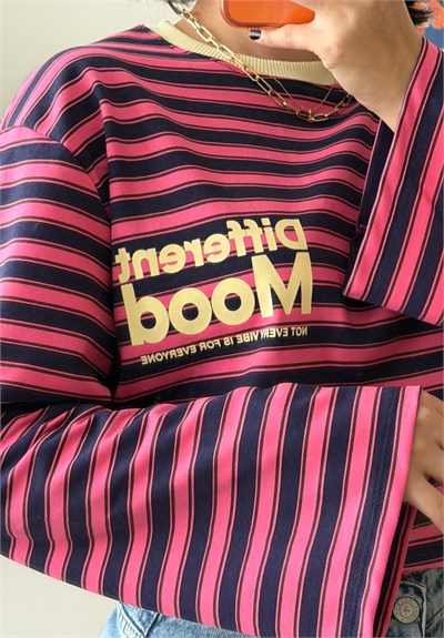Mood Baskılı İnce Çizgili Geniş Kol Oversize Sweatshirt Pembe