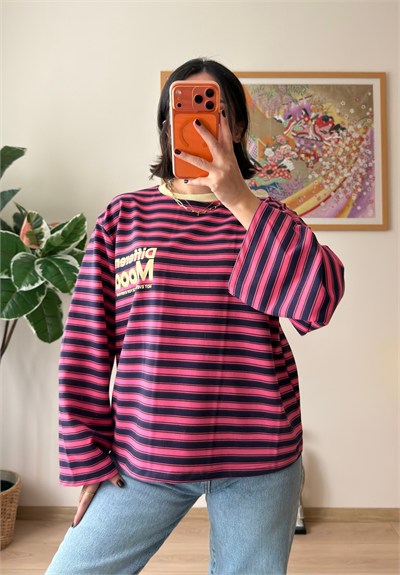 Mood Baskılı İnce Çizgili Geniş Kol Oversize Sweatshirt Pembe