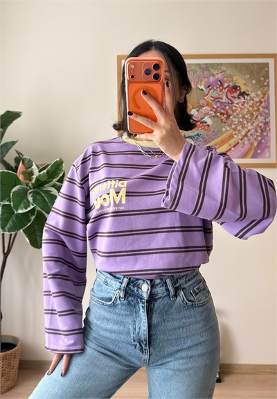Mood Baskılı İnce Çizgili Geniş Kol Oversize Sweatshirt Lila