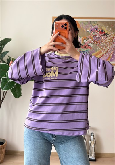 Mood Baskılı İnce Çizgili Geniş Kol Oversize Sweatshirt Lila