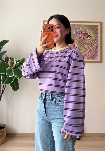 Mood Baskılı İnce Çizgili Geniş Kol Oversize Sweatshirt Lila