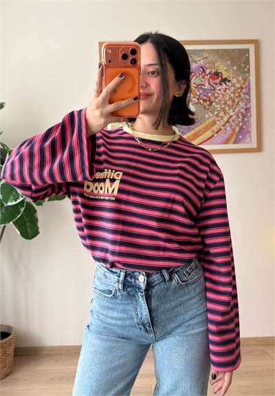 Mood Baskılı İnce Çizgili Geniş Kol Oversize Sweatshirt Pembe