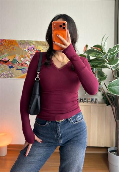 Nagina Dantel V Yaka Body Bordo