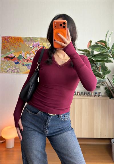 Nagina Dantel V Yaka Body Bordo