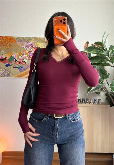 Nagina Dantel V Yaka Body Bordo