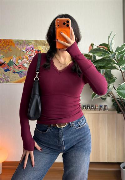 Nagina Dantel V Yaka Body Bordo